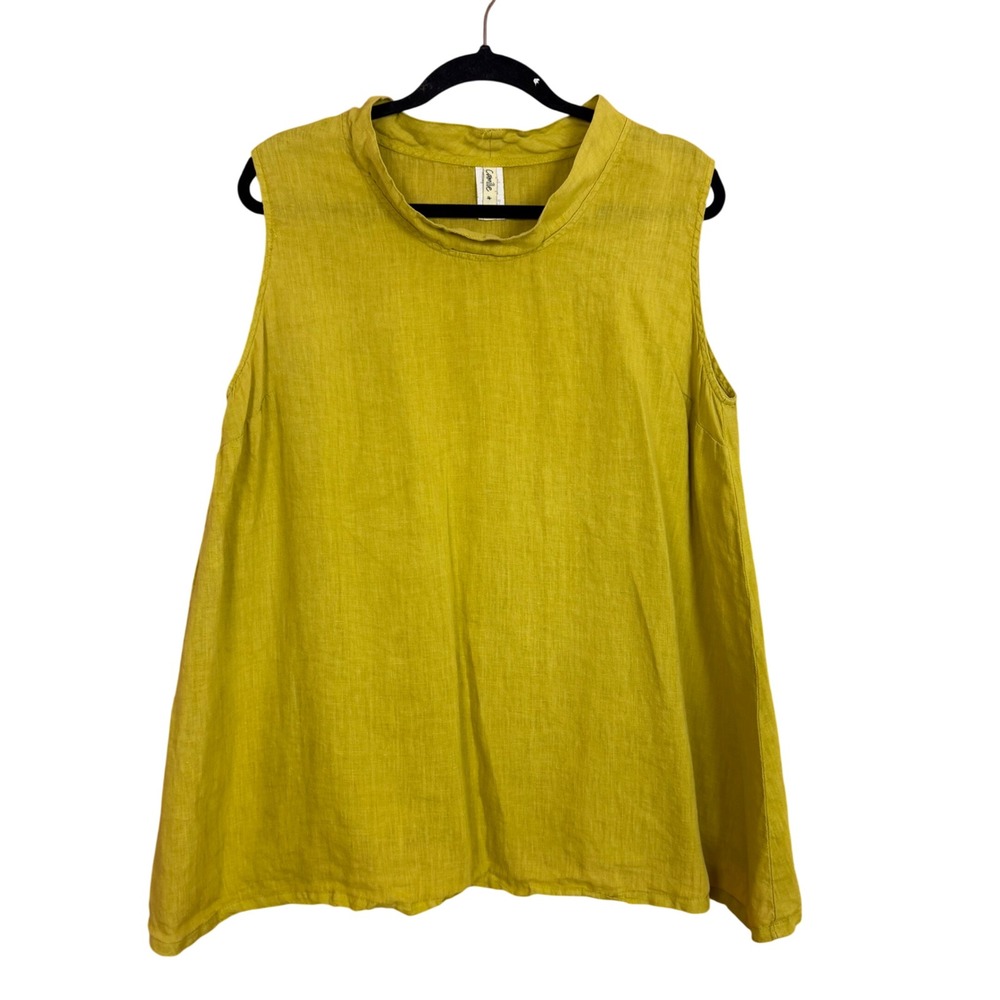 Camille & Co Womens Large Chartreuse Green 100% Linen Sleeveless Mock Neck Top